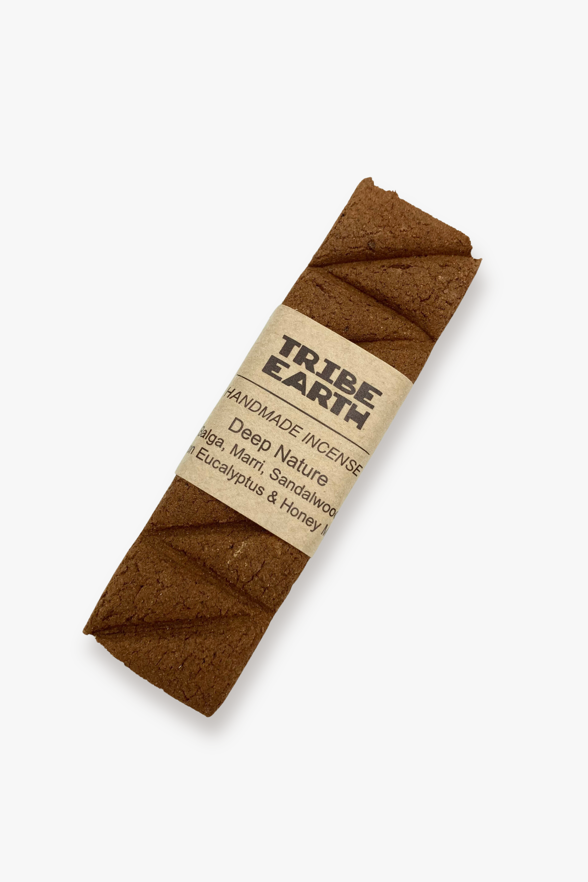 Tribe Earth Deep Nature handmade incense stick, wrapped in a brown paper sleeve with a kraft paper label, shown on a light gray background.