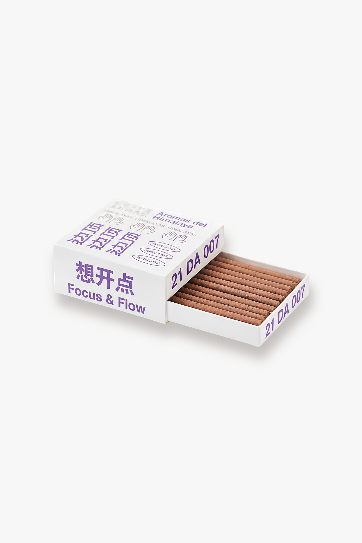 A minimalist product set on a white background, including a white zip pouch with green text and symbols, a white card with Japanese text and illustrations, a brown rectangular box with horizontal slats, and a black square card with a thin pink border and printed text.