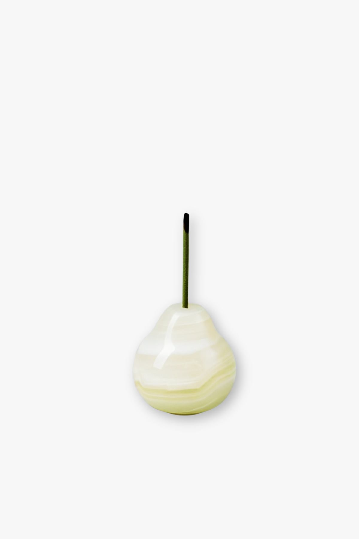 JADE DECO The Mini Pear green white jade incense holder with incense stick on a white background
