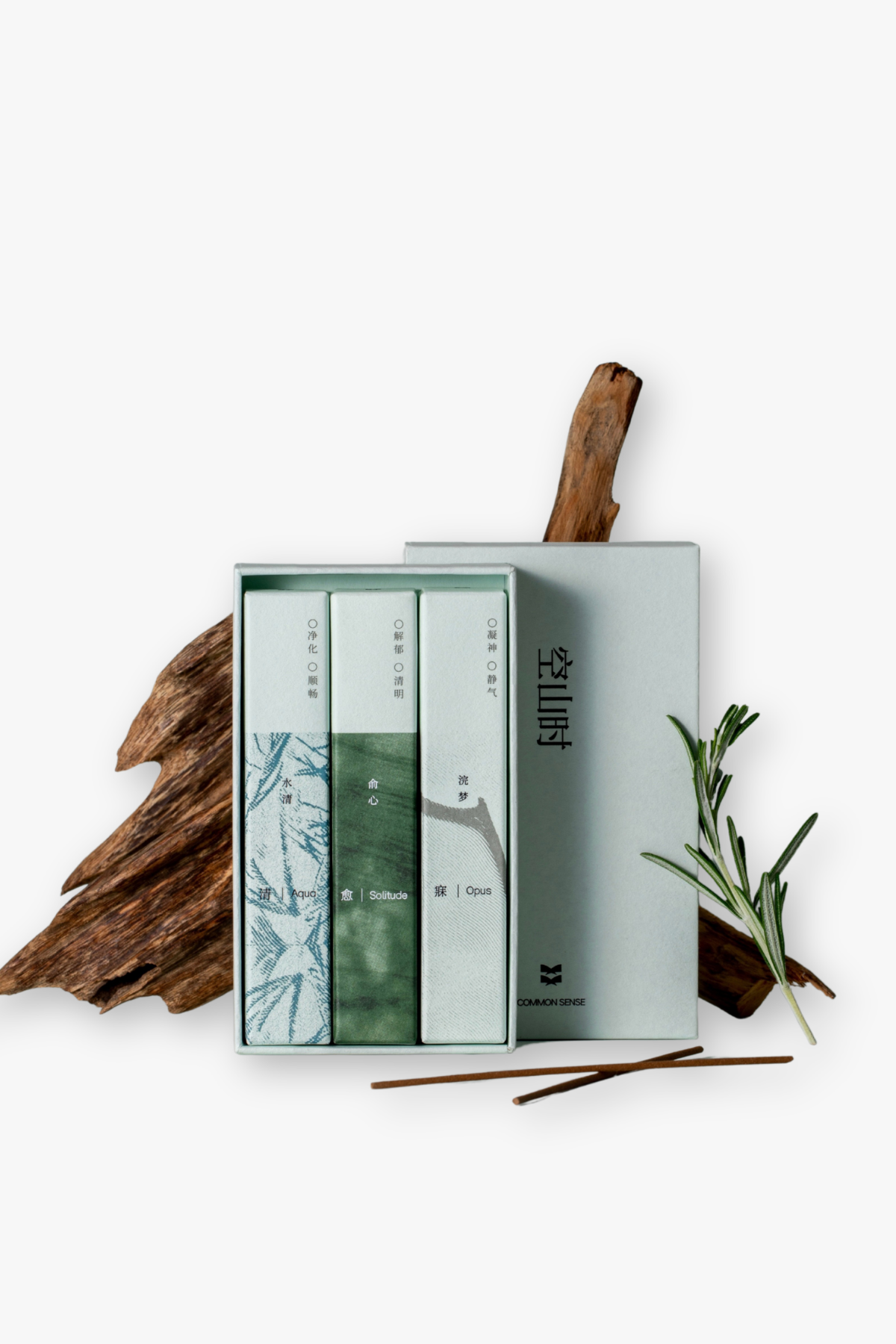 common sense Three Times Incense Set of incense boxes with green labels on a white background