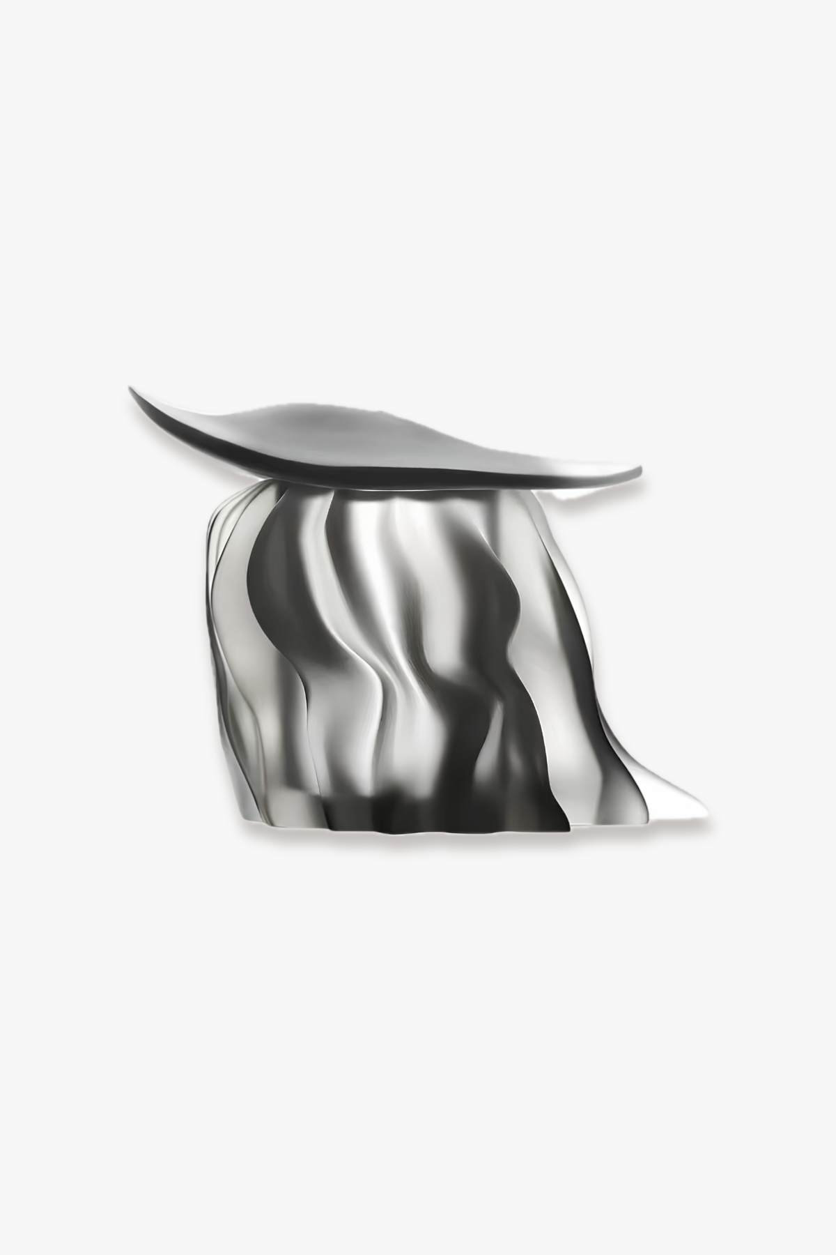 A sculptural metallic silver object with a curved, flowing silhouette and reflective surface, shown against a plain light gray background.