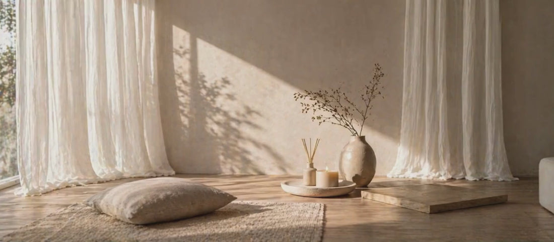 Soft morning light through sheer curtains in a calm interior setting. THE PAUSE