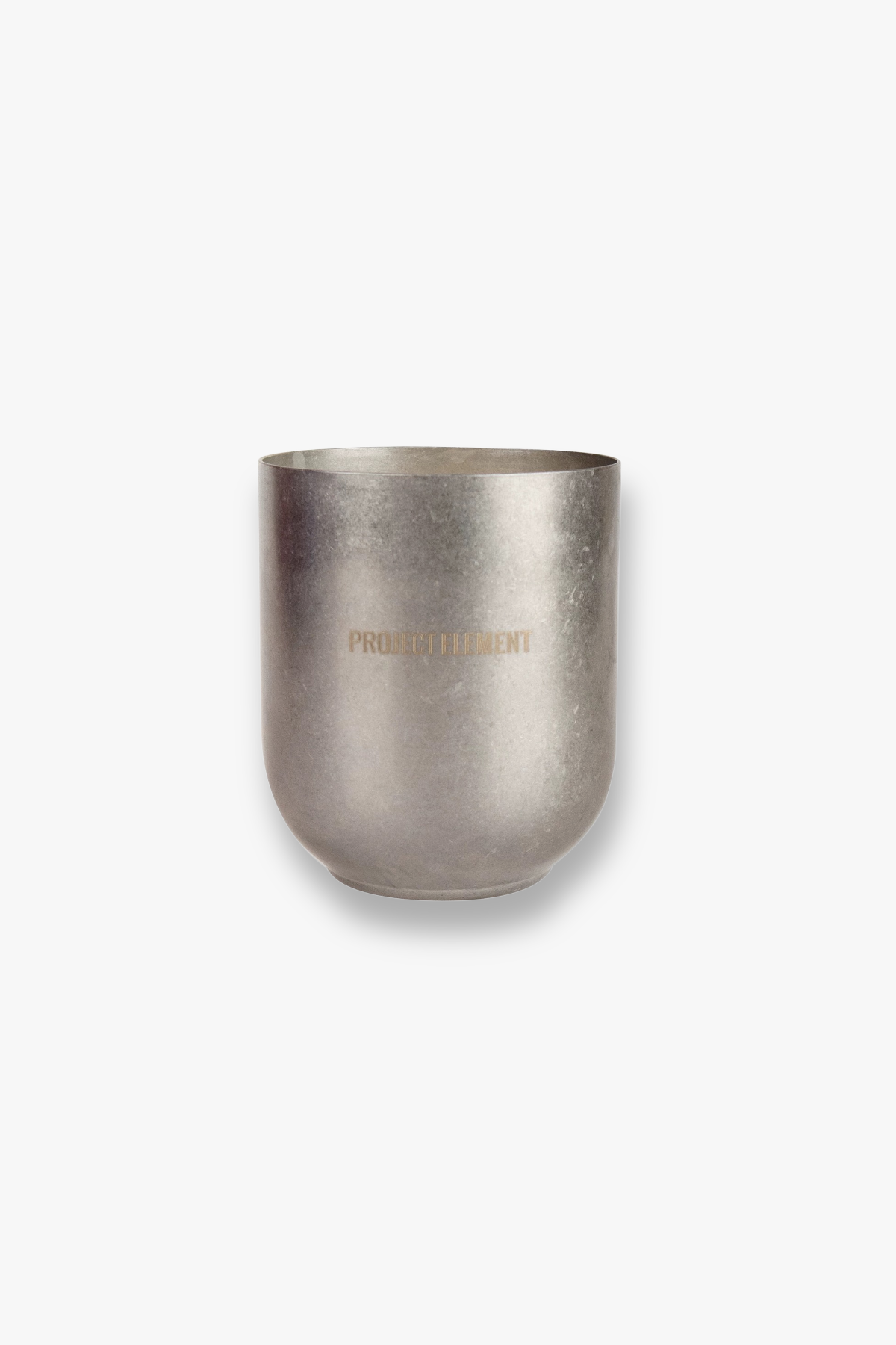 Metallic silver tumbler with PROJECT ELEMENT engraving on a white background