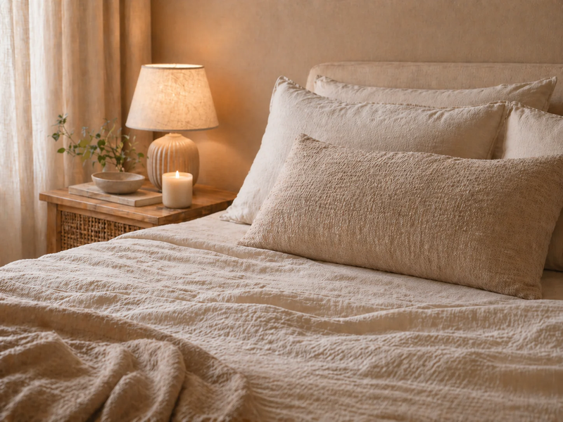 Warm bedroom interior with a bedside lamp, candle, linen bedding, and soft natural light