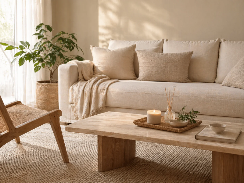 Calm living room interior with a candle, incense diffuser, soft daylight, and natural textures for a quiet home atmosphere