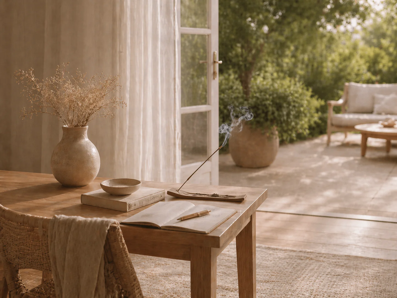 Quiet home interior with incense smoke, a wooden table, soft linen textures, and garden light through open doors