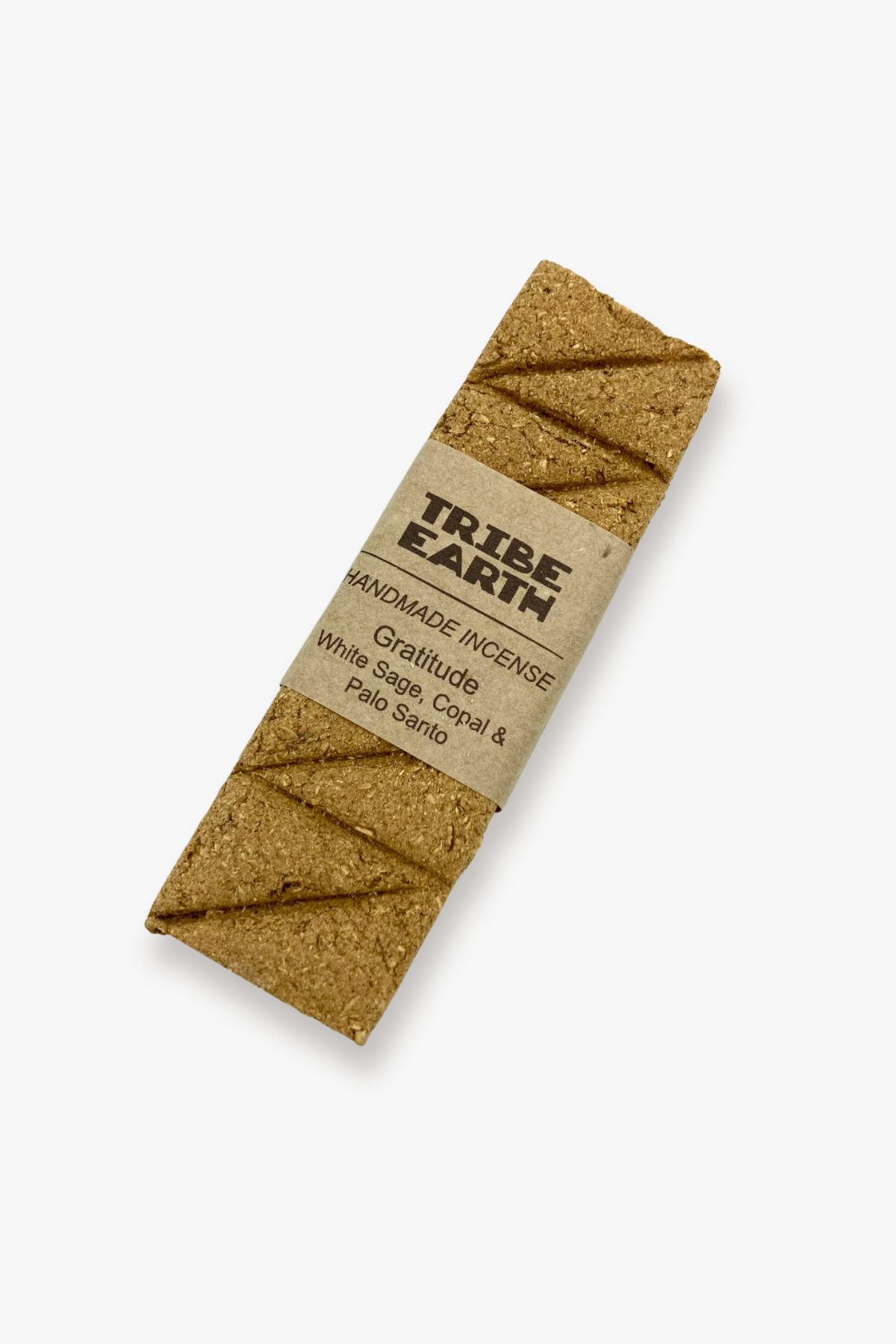 Cork-wrapped incense stick with 'Tribe Earth' branding on a white background